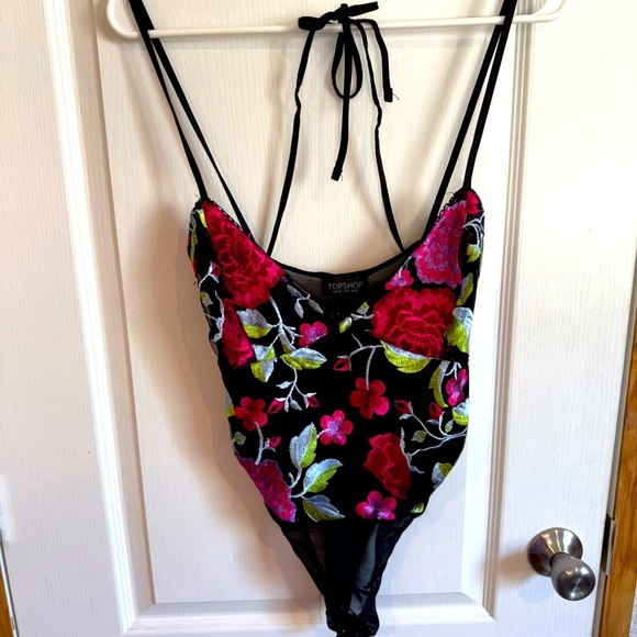 Topshop Tops - Topshop Black Bodysuit with Floral Embroidery